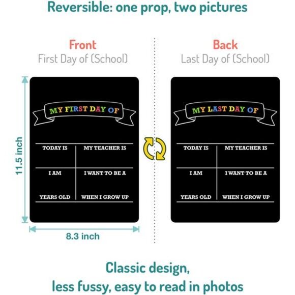 First Day of School Sign Board, 12″x8.5″ Photo Prop Sign Double Sided, Wet Erase - Picture 2 of 5